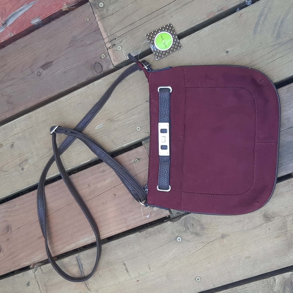 Kelly & Katie Crossbody Bag Purse Buckle Front Burgundy Wine Suede NWT